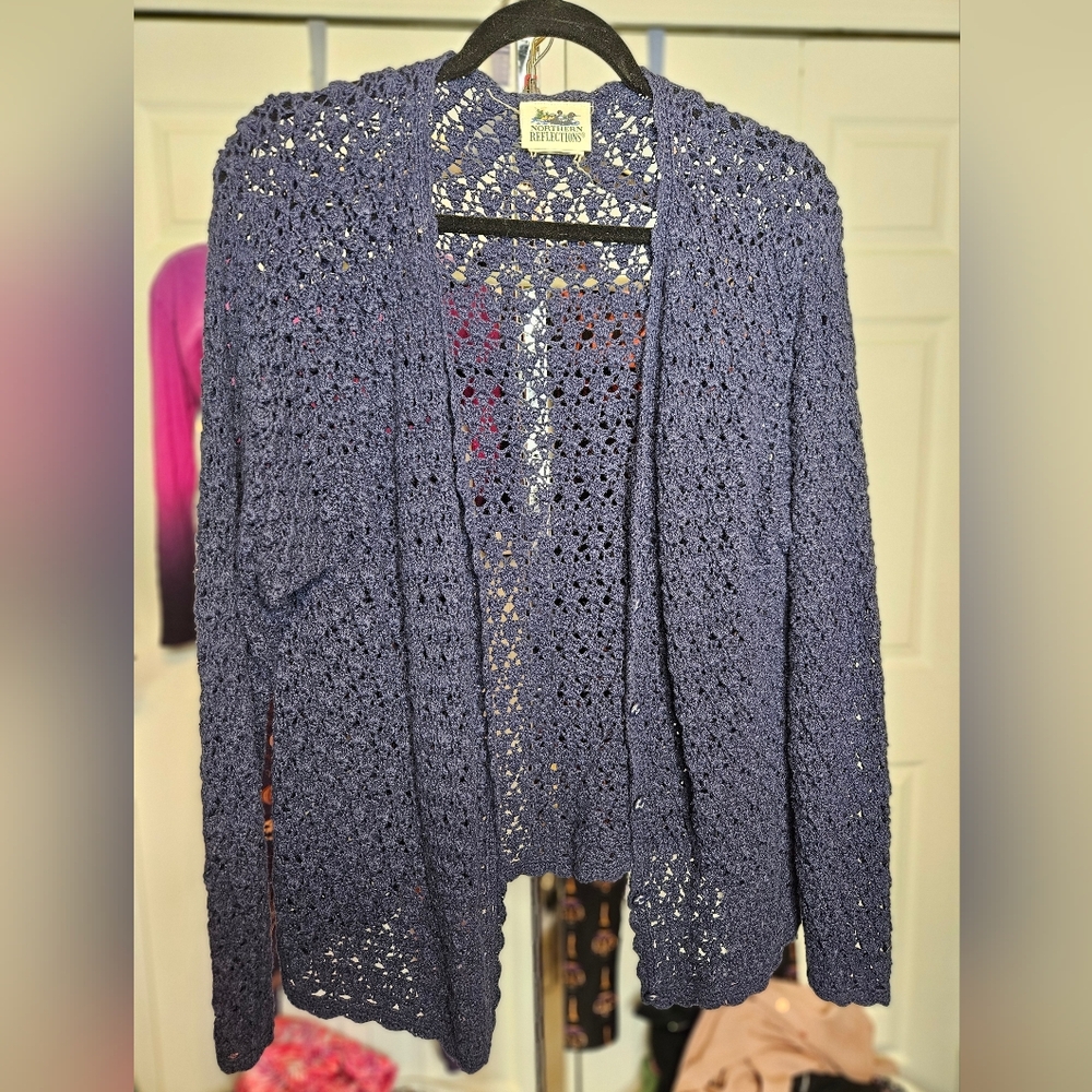#590- Northern Reflections Navy Crochet Cardigan